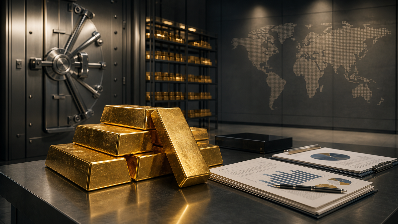 Gold bars on a central-bank desk beside reserve charts and a rising gold allocation line.
