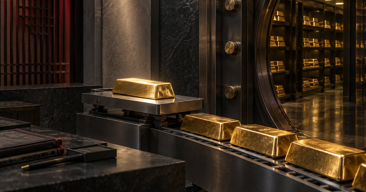 Freshly cast institutional gold bars move through a controlled intake line into a dark central-bank reserve vault.