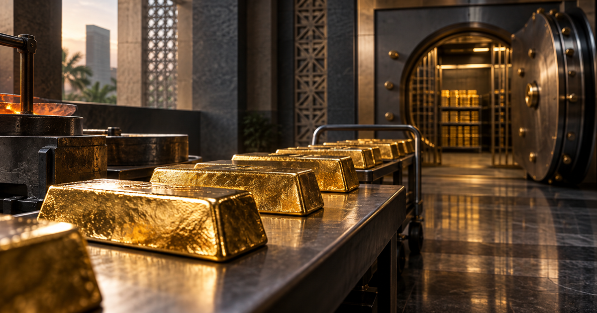 Freshly cast gold bars move from an institutional refinery table toward a secure central-bank vault in warm West African light.
