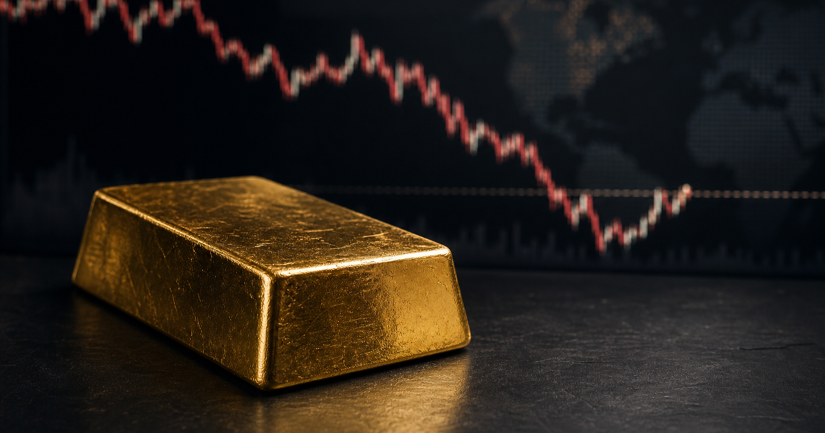 A gold bar in front of a market chart showing a steep decline and partial rebound.