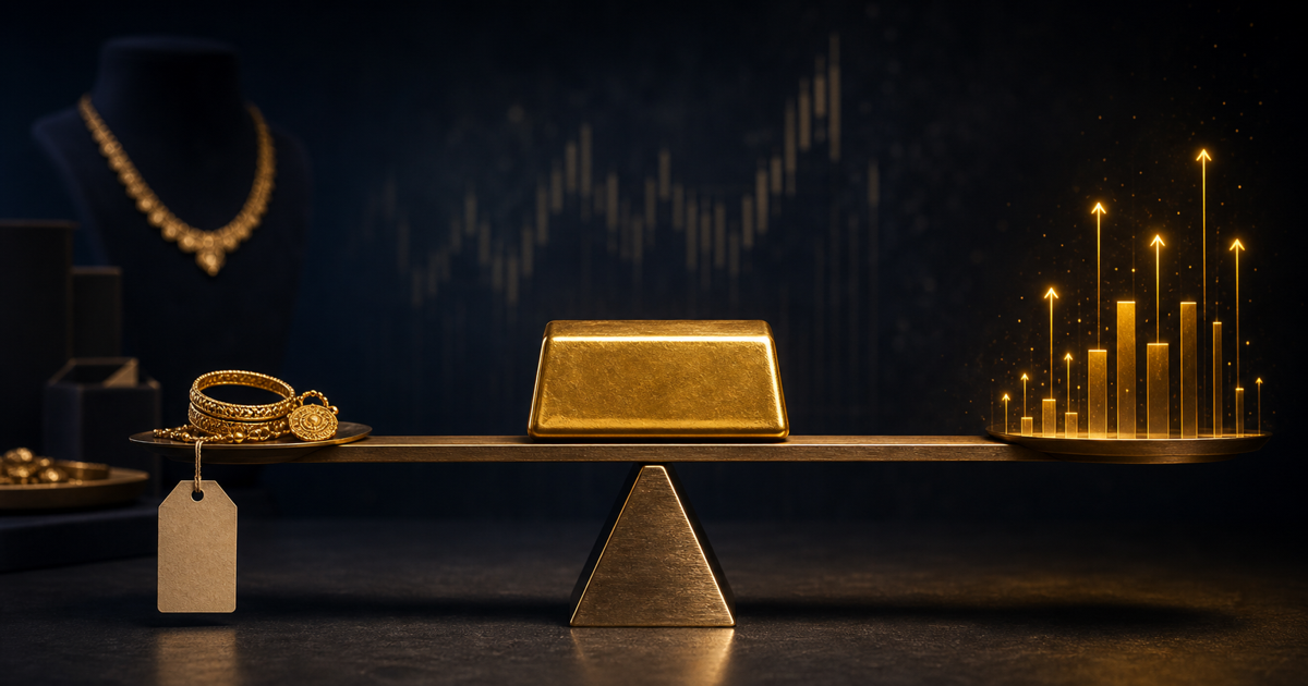 A gold bar balanced between subdued jewelry demand with a blank discount tag and an improving demand chart.