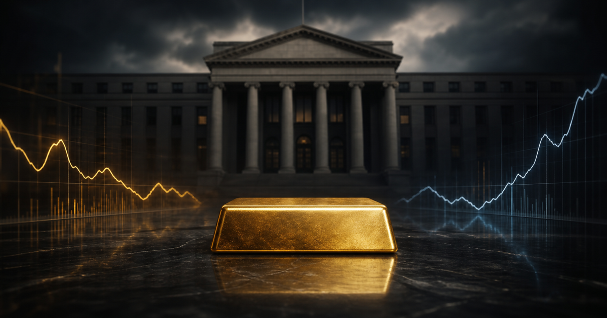 A gold bar resting between amber and blue market curves in front of a central-bank building.