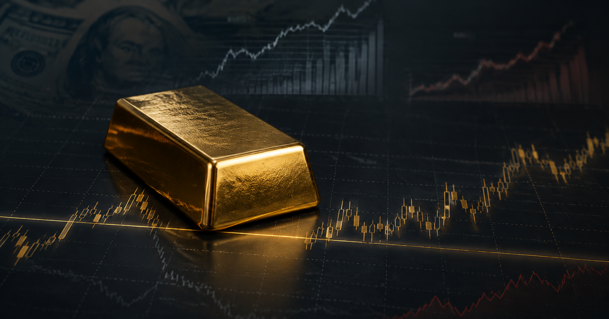 A polished gold bar resting across a glowing support line on a dark market chart, with rising dollar and yield motifs in the background.