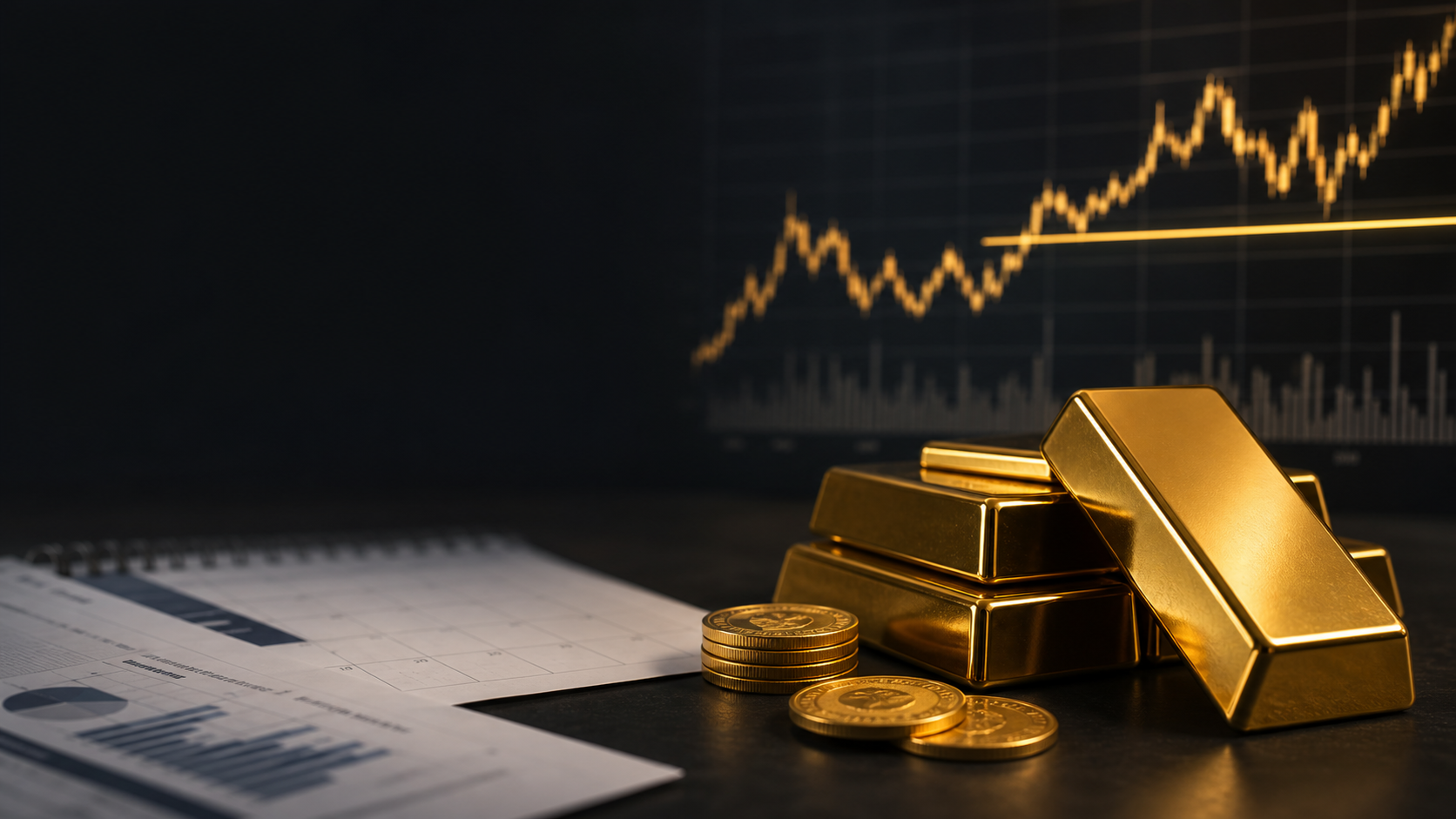 Gold bars on a trading desk with a soft market chart in the background, suggesting gold testing the $4,500 level ahead of U.S. jobs data.