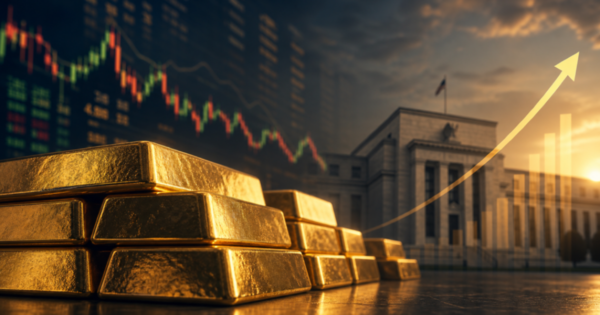 Gold bars in warm light with a market chart, Federal Reserve-style silhouette, and rising rate arrow in the background.