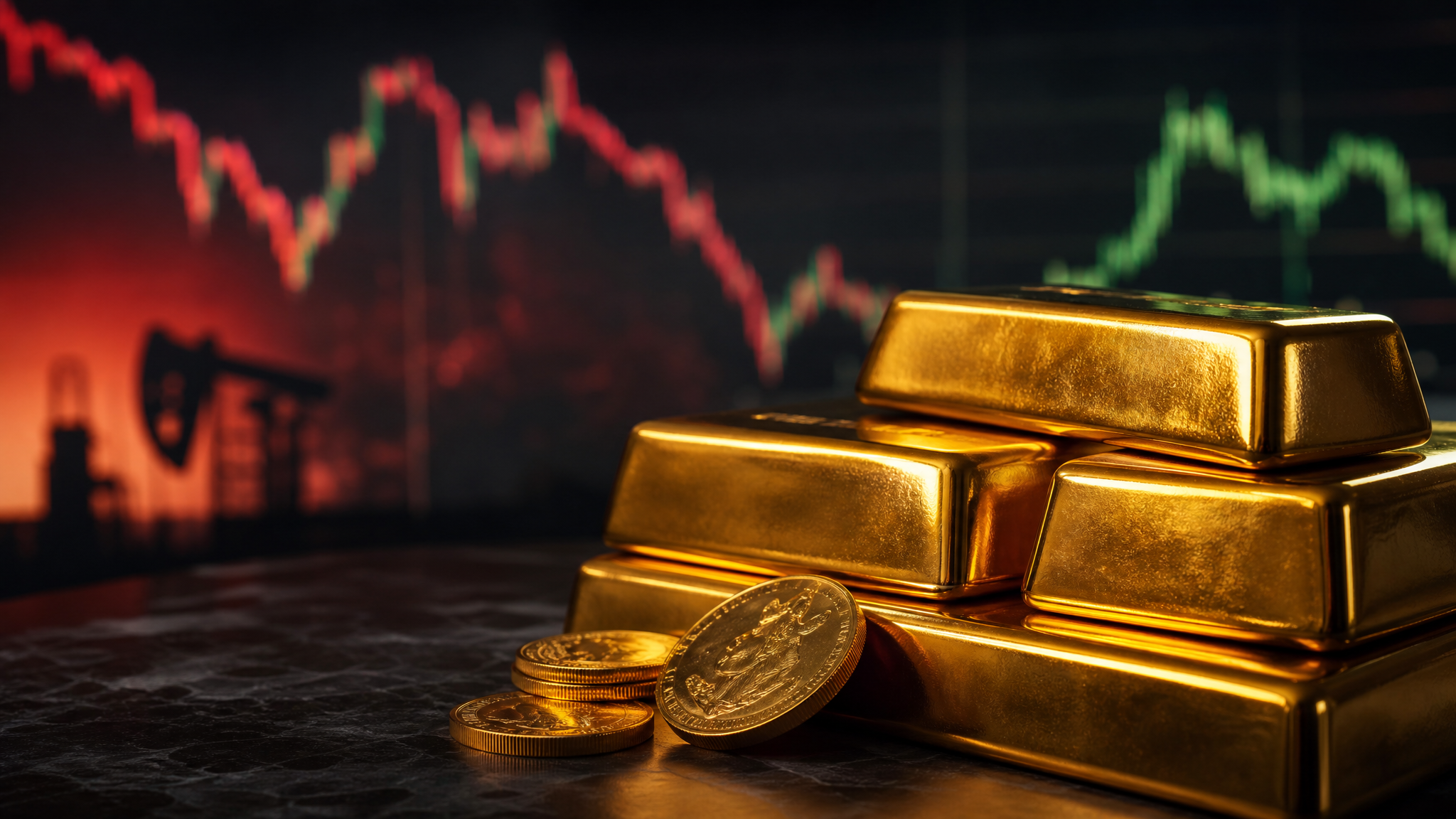 Gold bars on a trading desk with market charts in the background, representing gold’s rise as oil and the dollar fall.