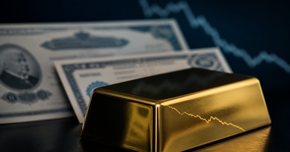 A polished gold bar reflecting a descending market line in front of softly blurred long-dated U.S. Treasury certificates.