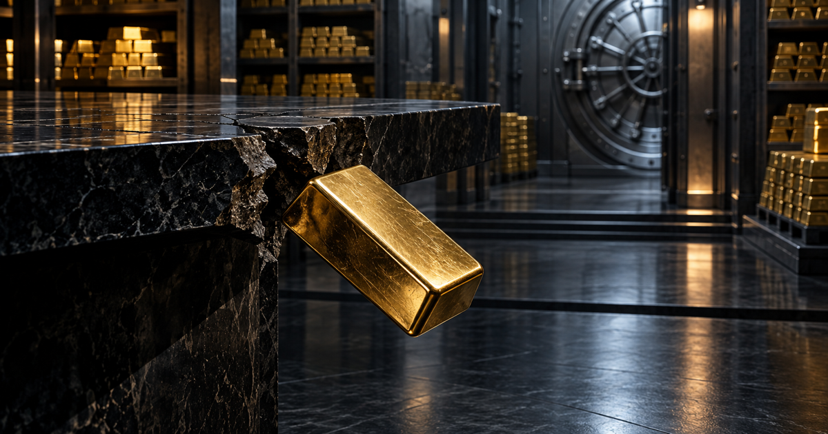 A polished institutional gold bar slips beneath a fractured black-stone ledge while custody bars remain secured inside a dark central-bank vault.