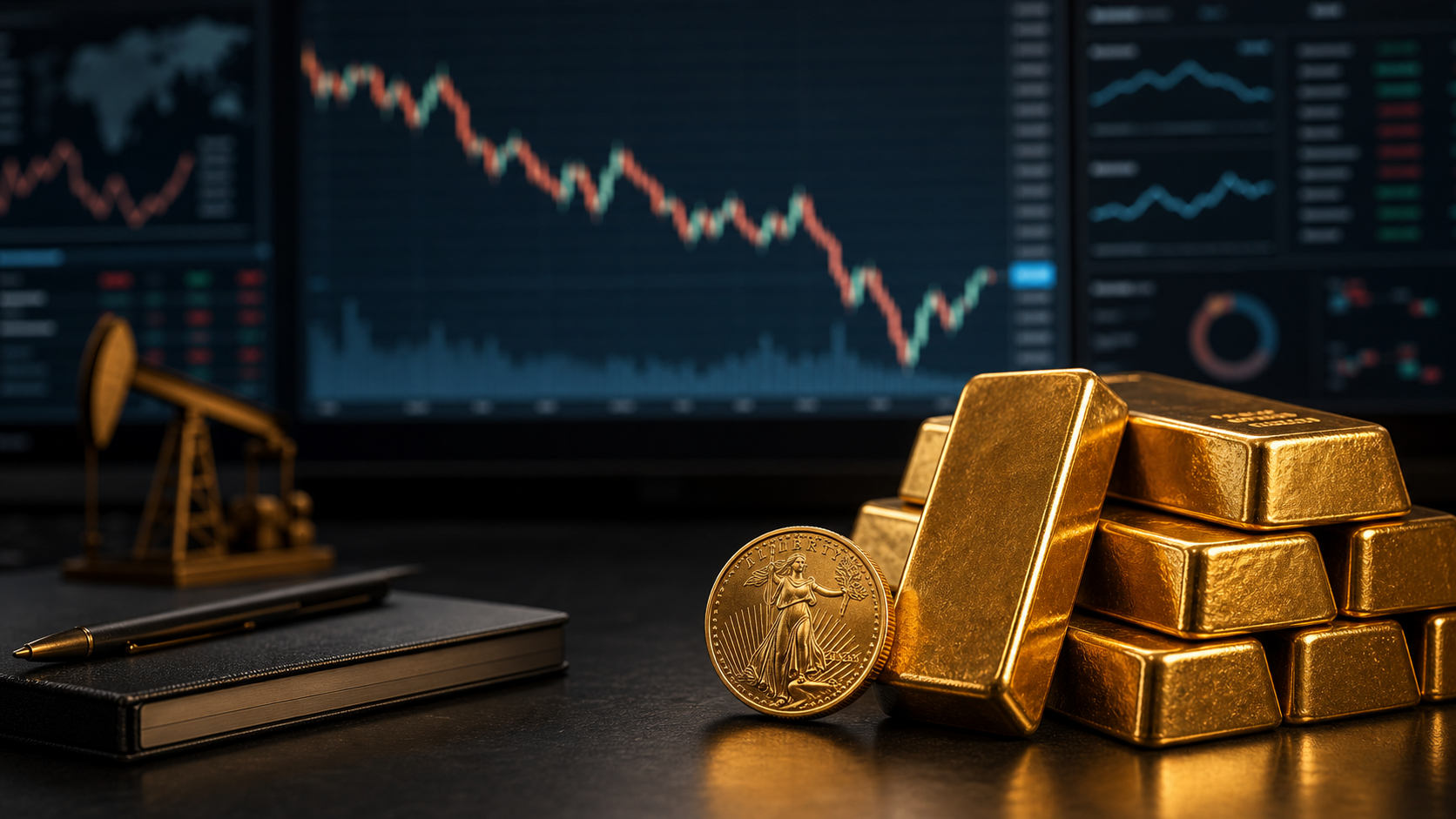 Editorial gold market image showing bullion rebounding on a trading desk while market screens suggest a weak monthly trend.