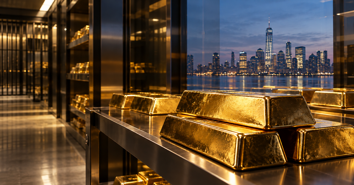 Warmly lit bullion inside a modern Chinese vault, with a distant Western financial skyline reflected in cool dark glass.