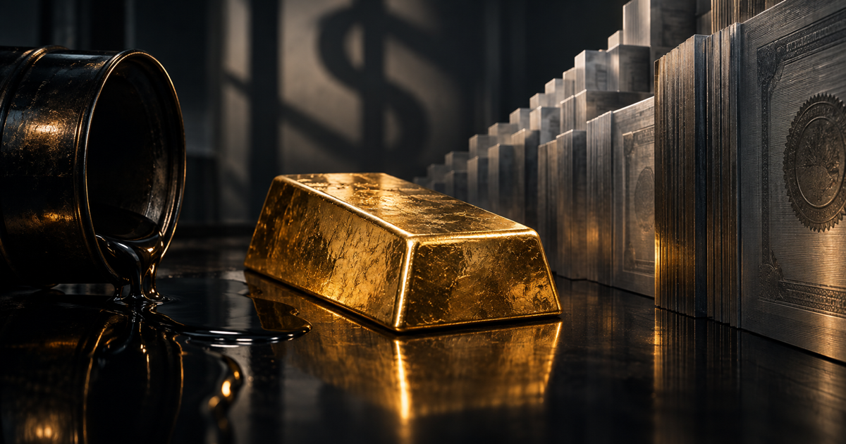 A polished institutional gold bar sits between spilled dark oil and a steep wall of brushed-metal bond certificates.