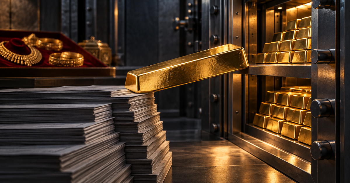 A polished gold bar bridges a high stack of dark Treasury papers and an illuminated institutional vault, with Indian jewellery in the background.