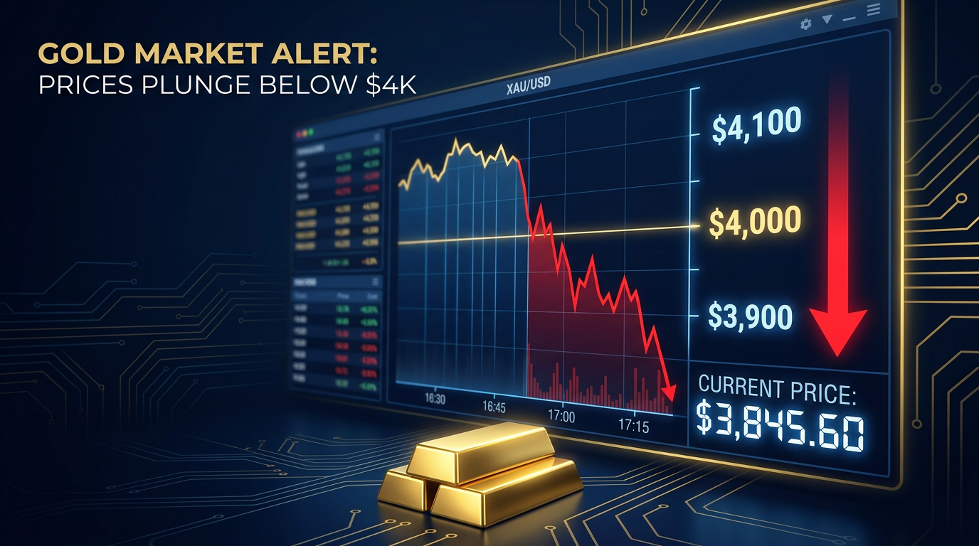 Gold bars in front of a trading terminal showing gold price plunging below $4,000 with a red downward arrow.