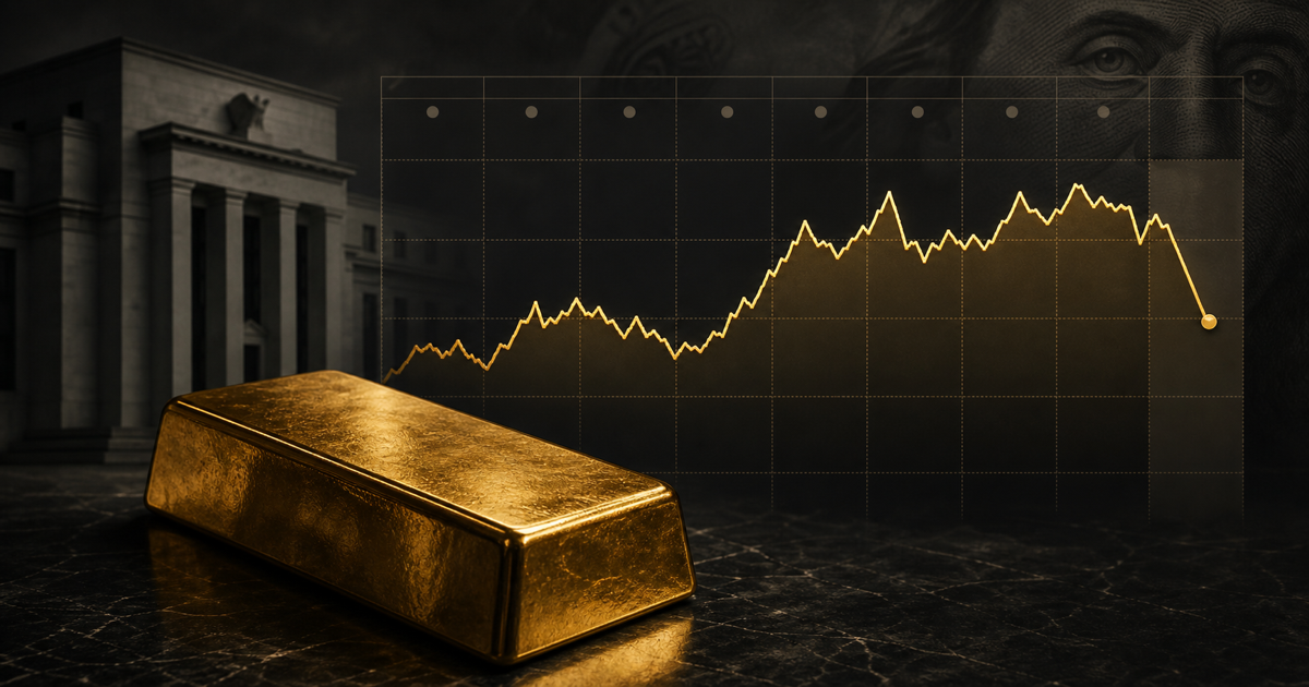 A gold bar beside a monthly market line that finishes slightly higher overall before turning sharply lower in its final segment.