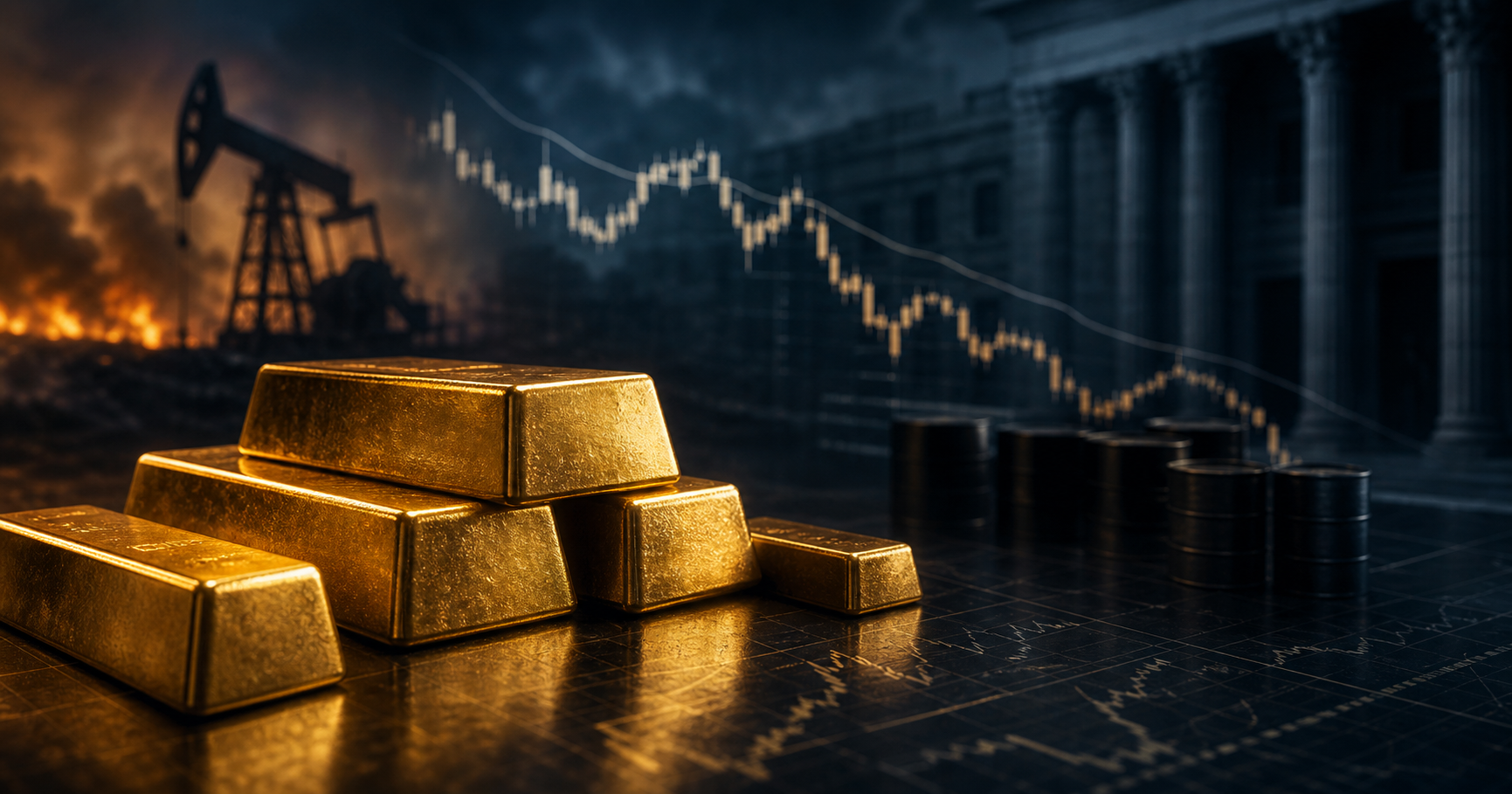 Gold bars on a dark financial desk with an oil-rig silhouette, oil barrels, and a falling market chart in the background.