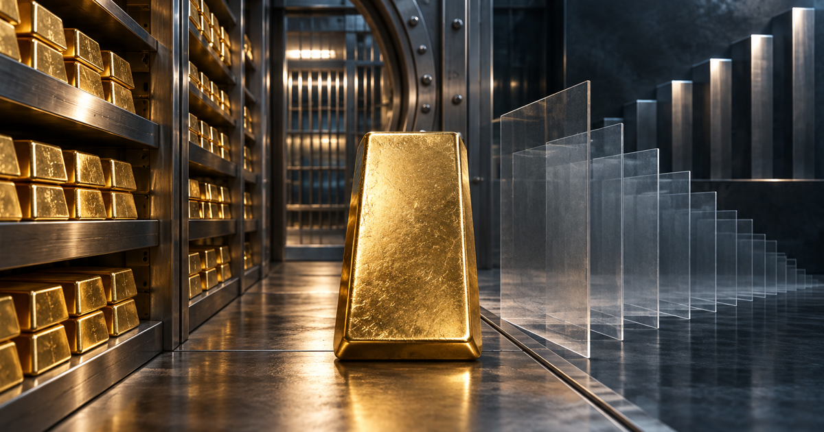 A central institutional gold bar divides solid vaulted custody holdings from translucent futures-contract layers receding beneath elevated steel yield columns.