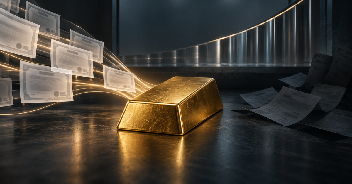 An institutional gold bar between translucent fund certificates flowing inward and futures contract sheets receding beneath rising metallic rate structures.