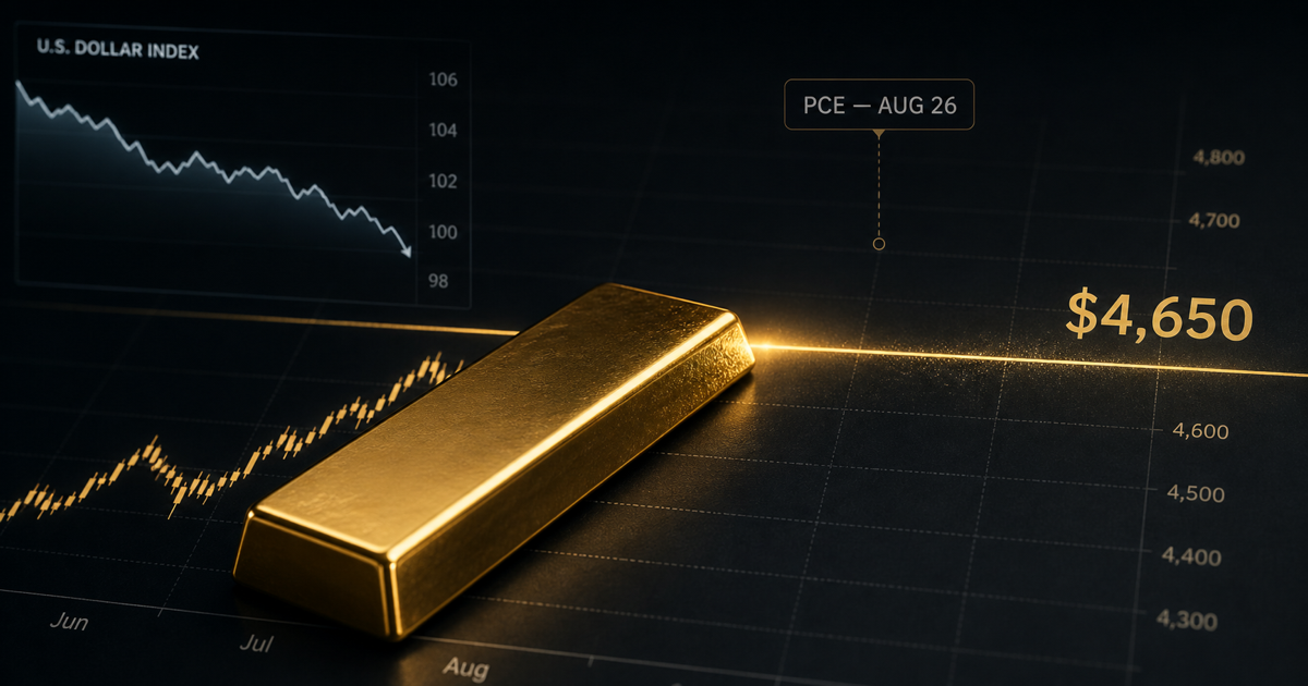 A polished gold bar crossing a glowing $4,650 line on a dark market chart beside a falling U.S. dollar index and an August 26 PCE marker.
