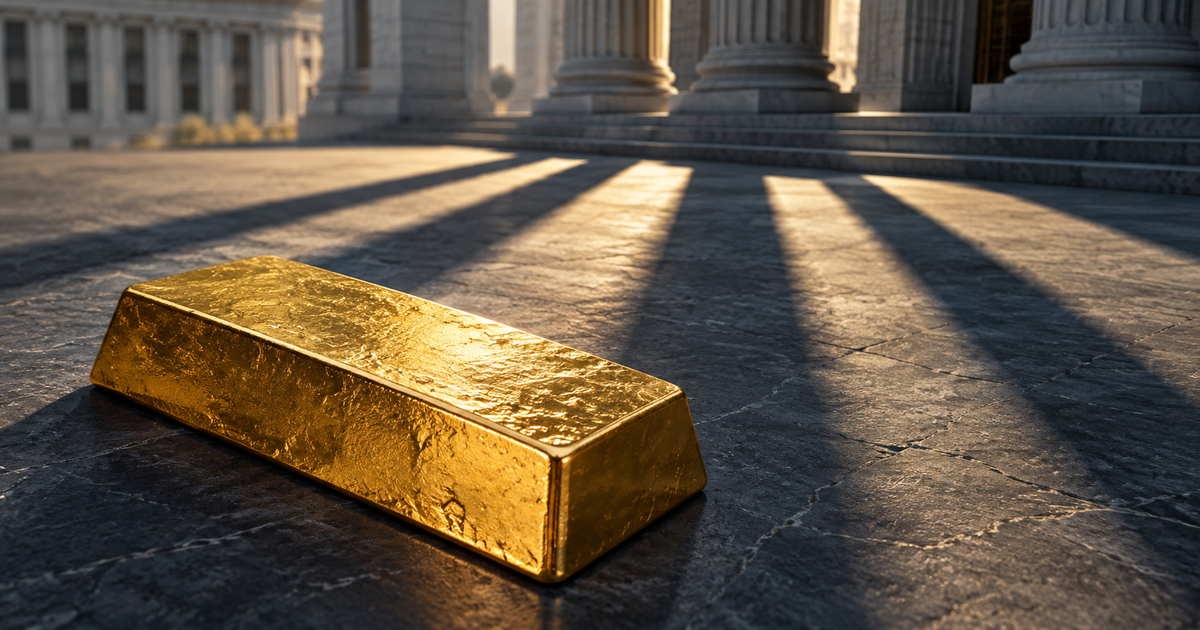 A single unbranded gold bar in warm light beneath the cool columned shadow of a generic central-bank-style facade on charcoal stone.