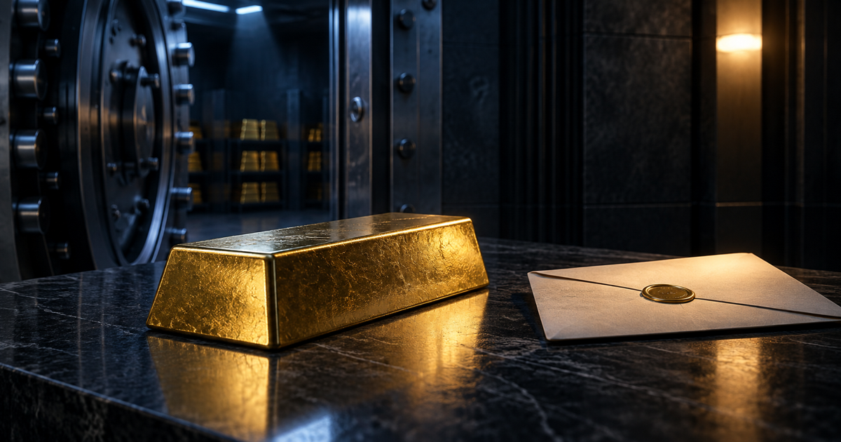 An institutional gold bar and sealed policy envelope inside a dark central-bank vault, lit by cool blue and warm gold light.