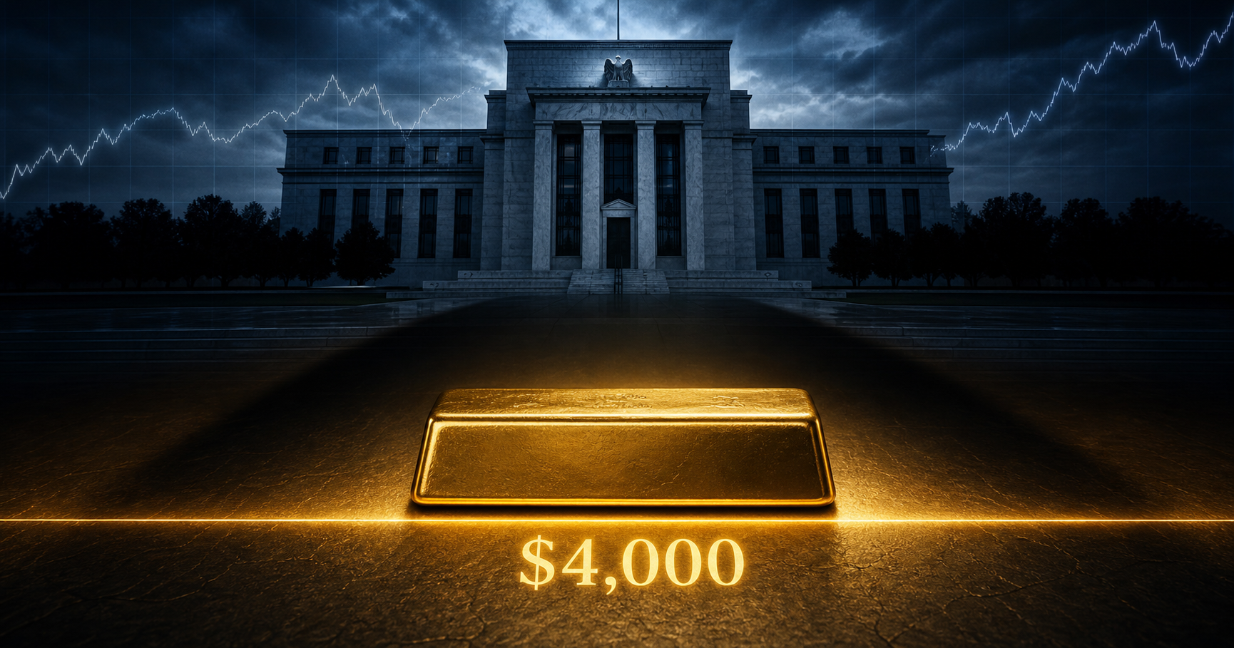 A gold bar resting on a glowing $4,000 support line while a Federal Reserve-style building casts a shadow over the scene.