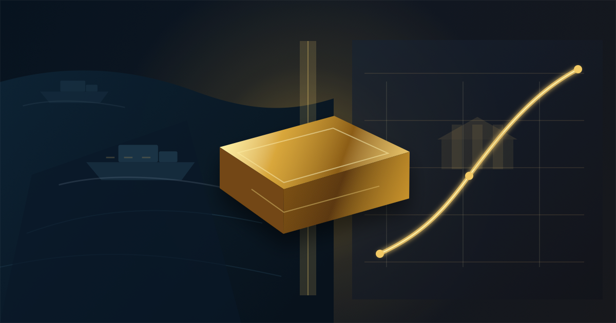 A gold bar centered between a dark Hormuz shipping-lane scene and a rising interest-rate curve graphic.