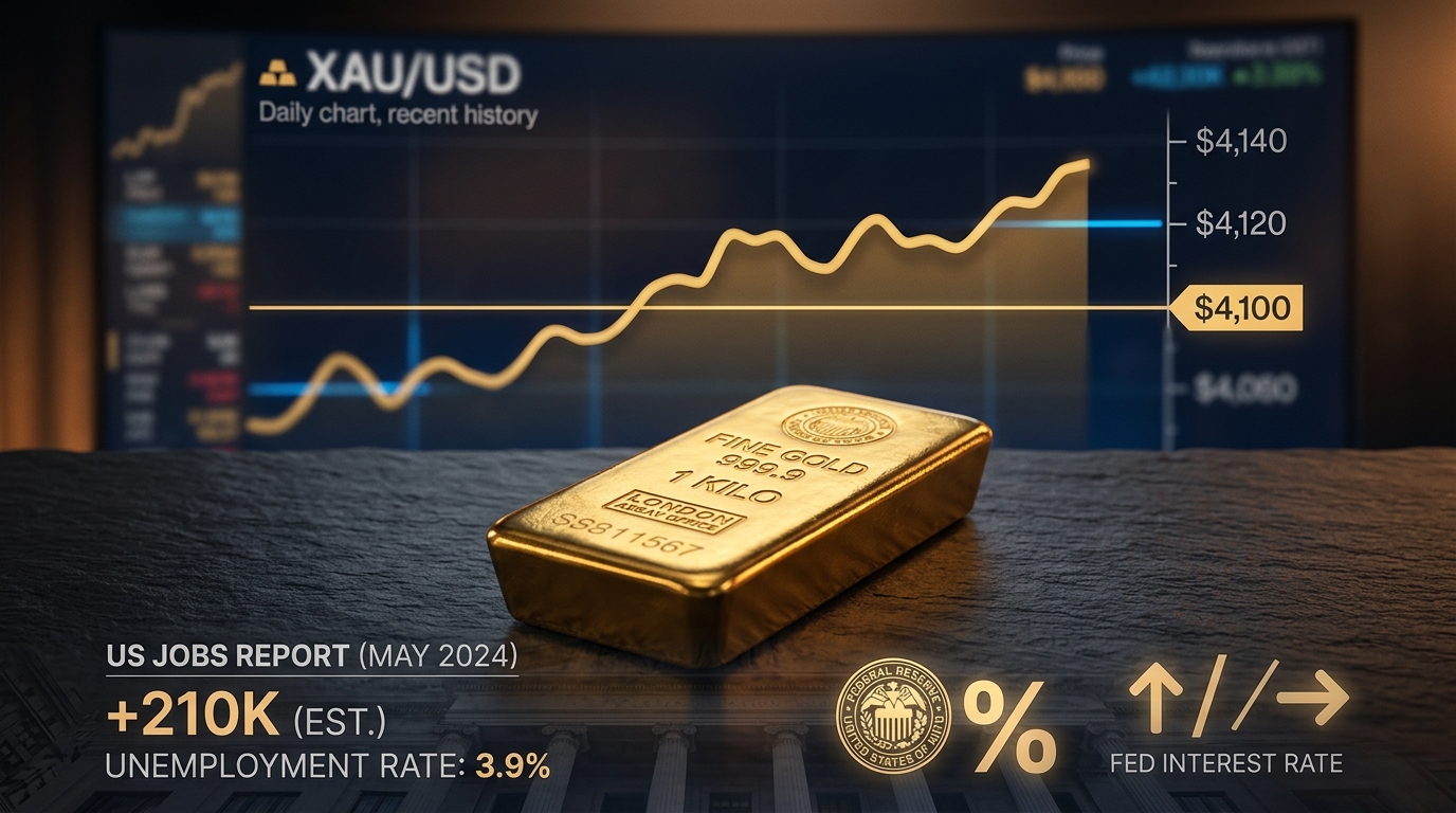 A gold bar on a dark desk in front of a XAU/USD chart holding above the $4,100 level, with jobs and Fed rate cues in the foreground.