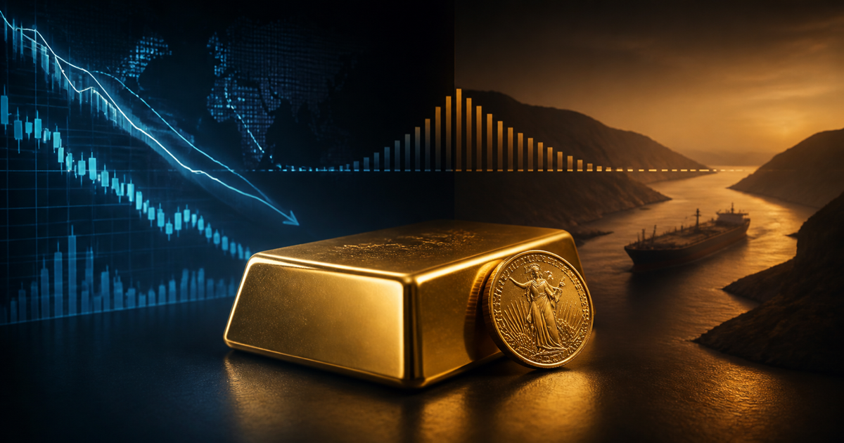 A polished gold bar and coin between cool blue falling market lines and an amber Strait of Hormuz scene with an oil tanker.