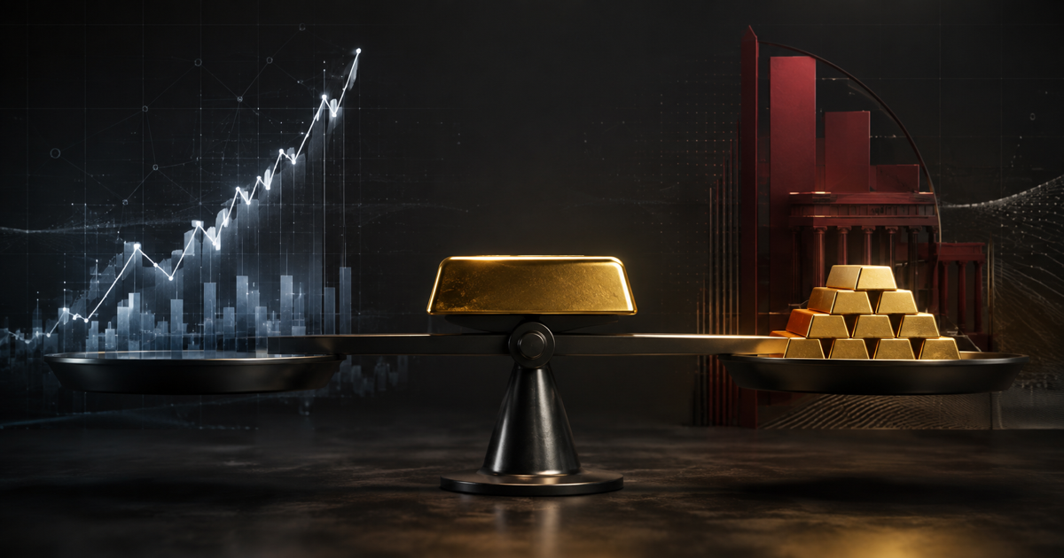 A gold bar balanced on a scale between a rising Treasury-yield chart and a stack of central-bank gold reserves with restrained red accents.