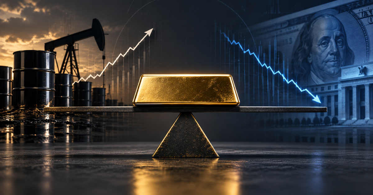 A polished gold bar balanced between black oil-market imagery and a cool blue dollar and Federal Reserve rate chart.