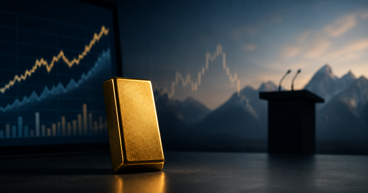 A polished gold bar between an abstract inflation chart and an empty central-bank podium against a dark mountain backdrop.