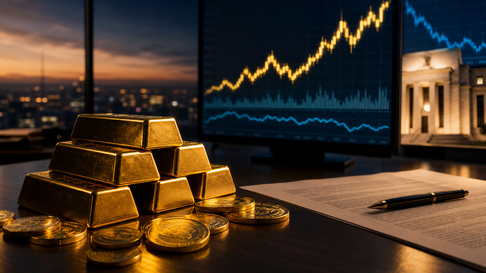 Gold bars beside a market chart holding above 4300 as oil, dollar, and Fed-policy signals shift around a peace headline.
