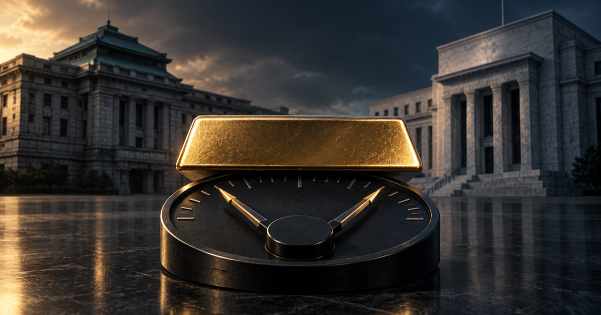 A polished gold bar balanced on a dark interest-rate dial between two generic central-bank buildings under blue-and-gold light.