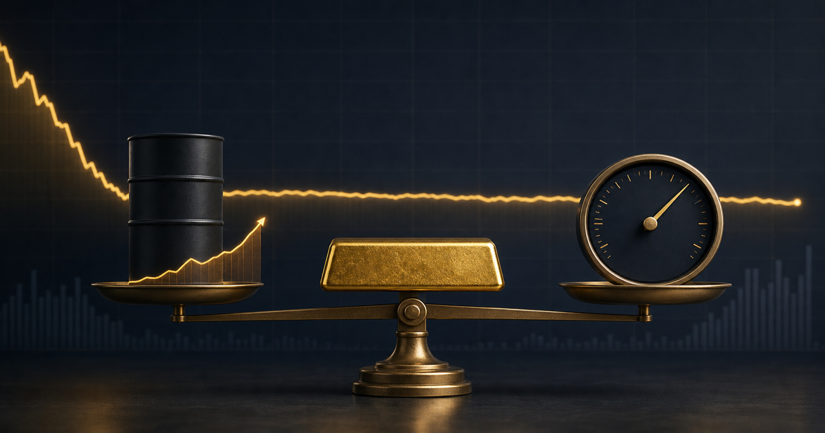 A gold bar balanced between an oil barrel with a rising energy curve and an interest-rate dial.