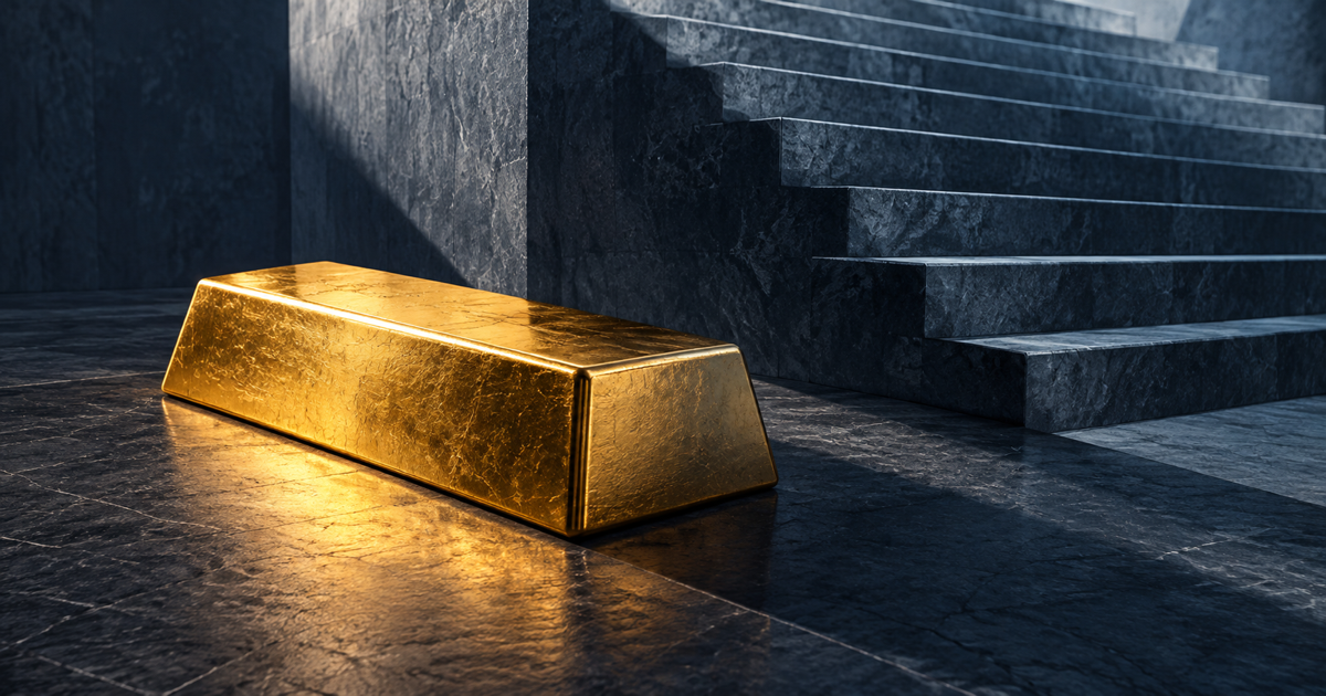 A single warmly lit gold bar rests on dark stone beneath the cool shadow of an imposing abstract staircase, symbolizing a higher interest-rate hurdle.