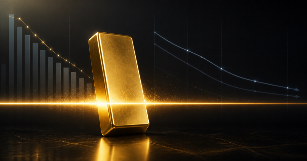 A polished gold bar crossing a glowing market threshold, with fading payroll bars and gently falling Treasury-yield curves behind it.
