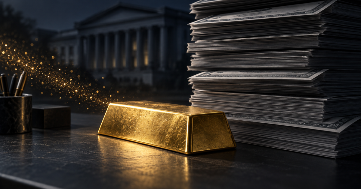 A single gold bar sits beside a steep stack of dark Treasury papers as a restrained stream of golden particles moves toward it.