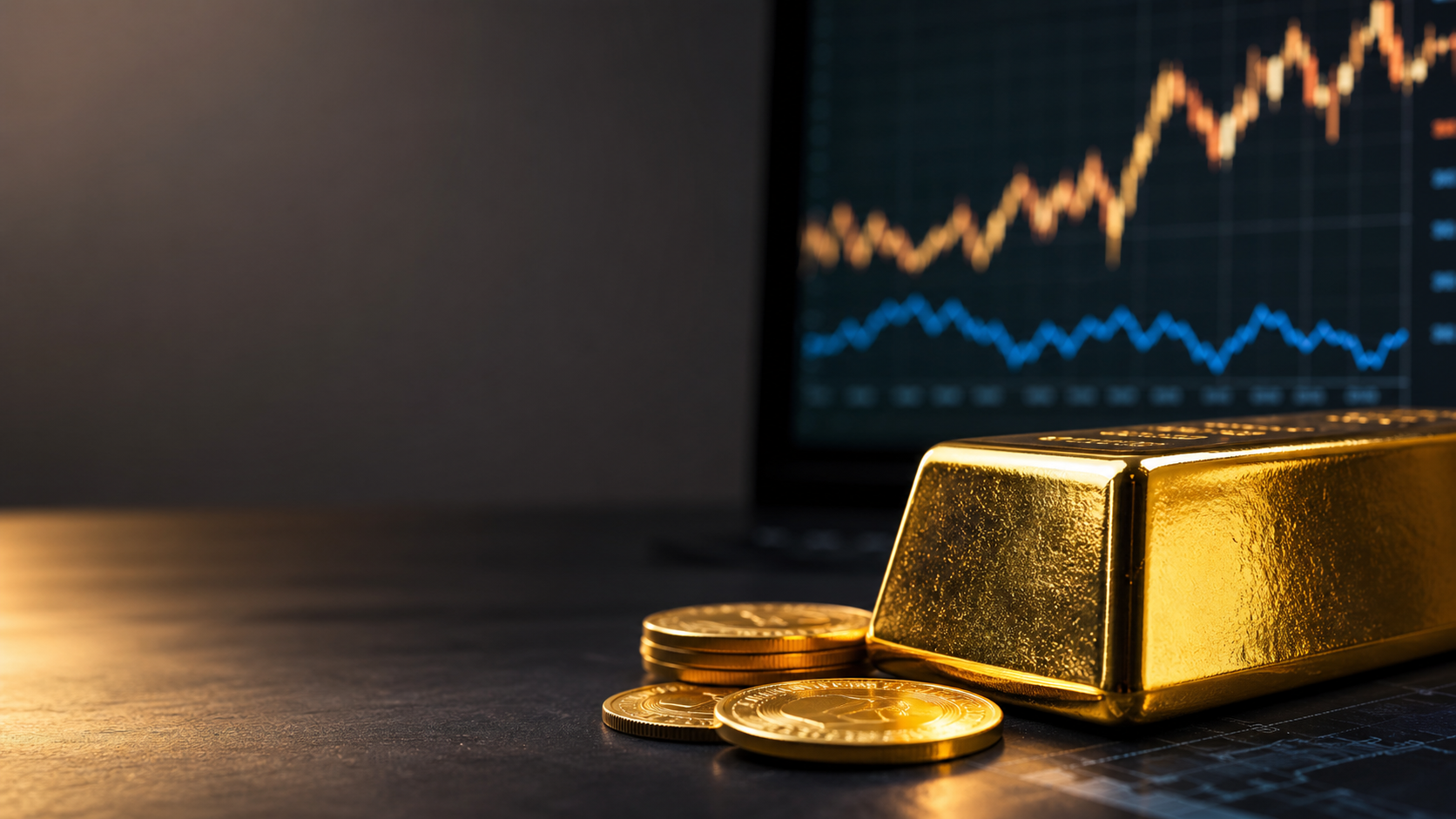 Gold bars and coins on a trading desk with blurred oil and dollar market charts in the background.