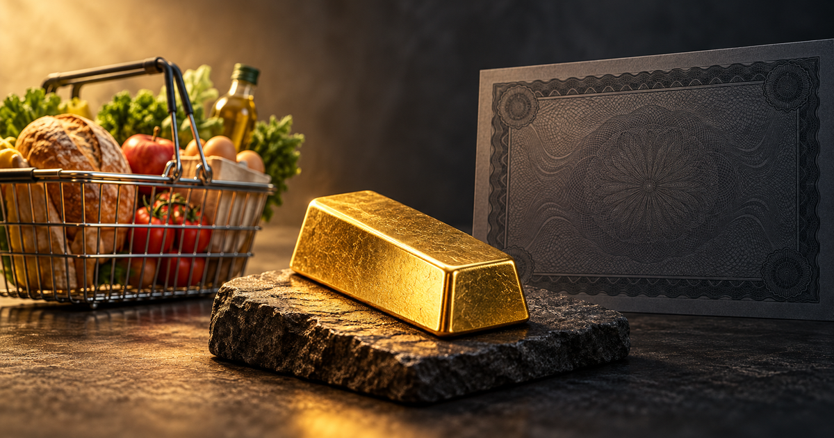 An illustrative gold bar between a softly lit shopping basket and a dark, unlabelled bond-certificate motif on charcoal stone, contrasting purchasing power with interest income.