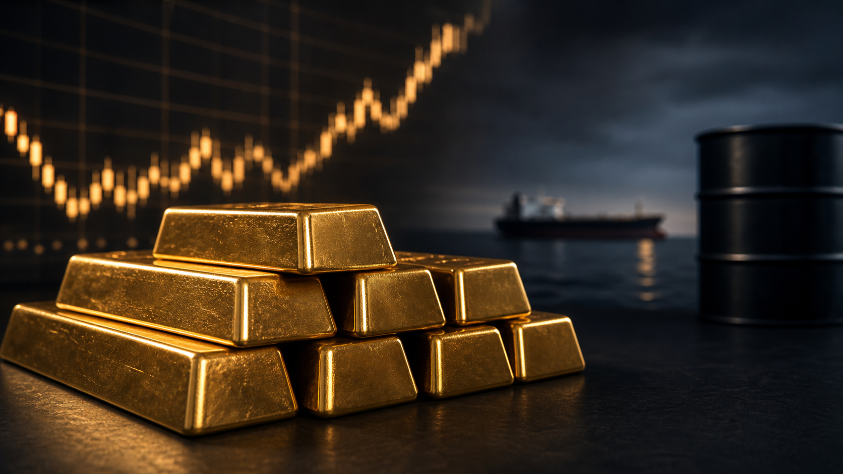 Gold bars in front of a rising market chart, with an oil barrel and tanker on calm water in the background.