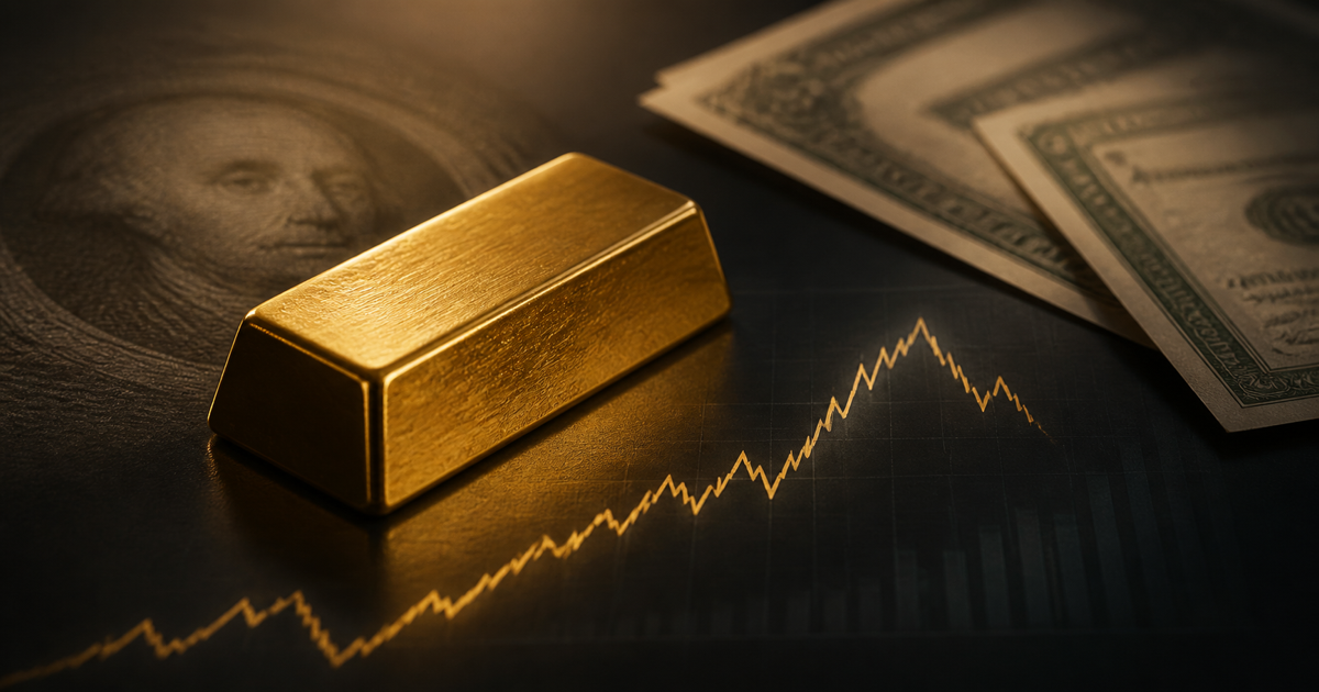 A polished gold bar beside a rising market chart that dips from its recent peak, with blurred U.S. currency in the background.