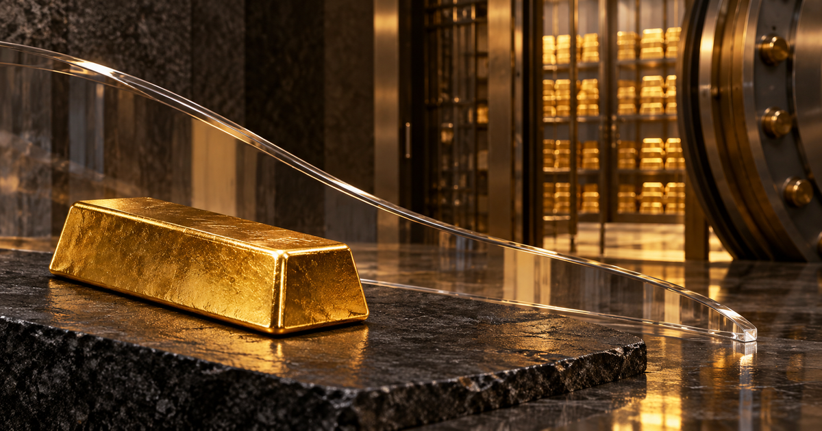 A warmly lit gold bullion bar beside a gently descending transparent glass contour, with a softly illuminated bullion vault beyond.