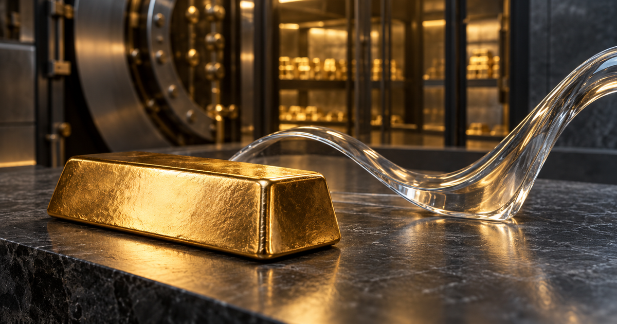 A warmly lit gold bullion bar beside a gently rising transparent glass curve, with a softly illuminated institutional vault behind it.