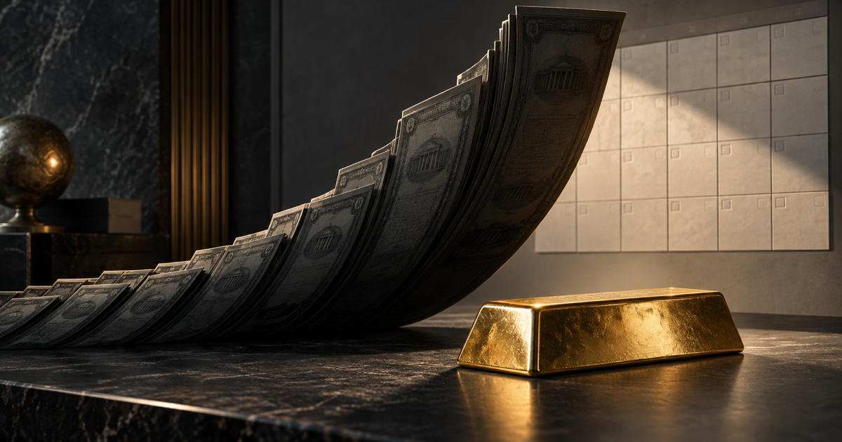 A polished gold bar sits beneath a rising arc of dark Treasury certificates beside a softly lit blank calendar grid.