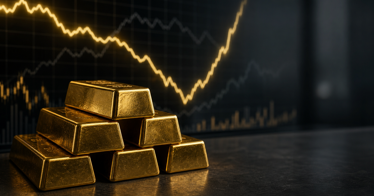 Gold bars on a trading desk in front of a market line that falls sharply and then rebounds.