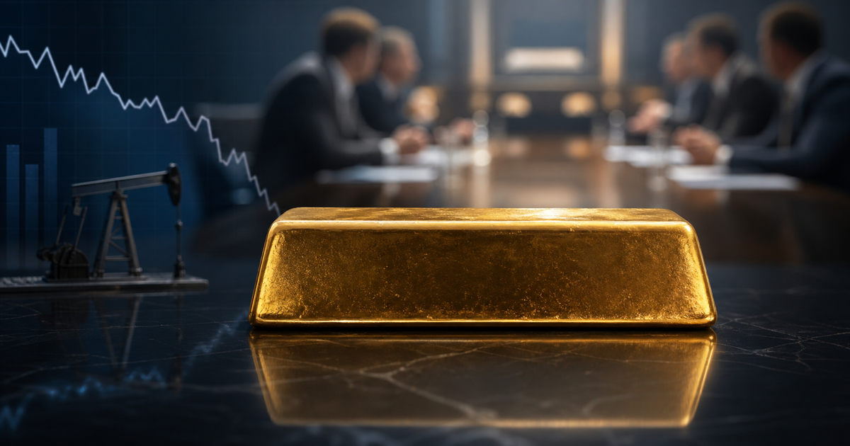 A gold bar in the foreground with a falling oil chart, an oil pump and a diplomatic meeting in the background.