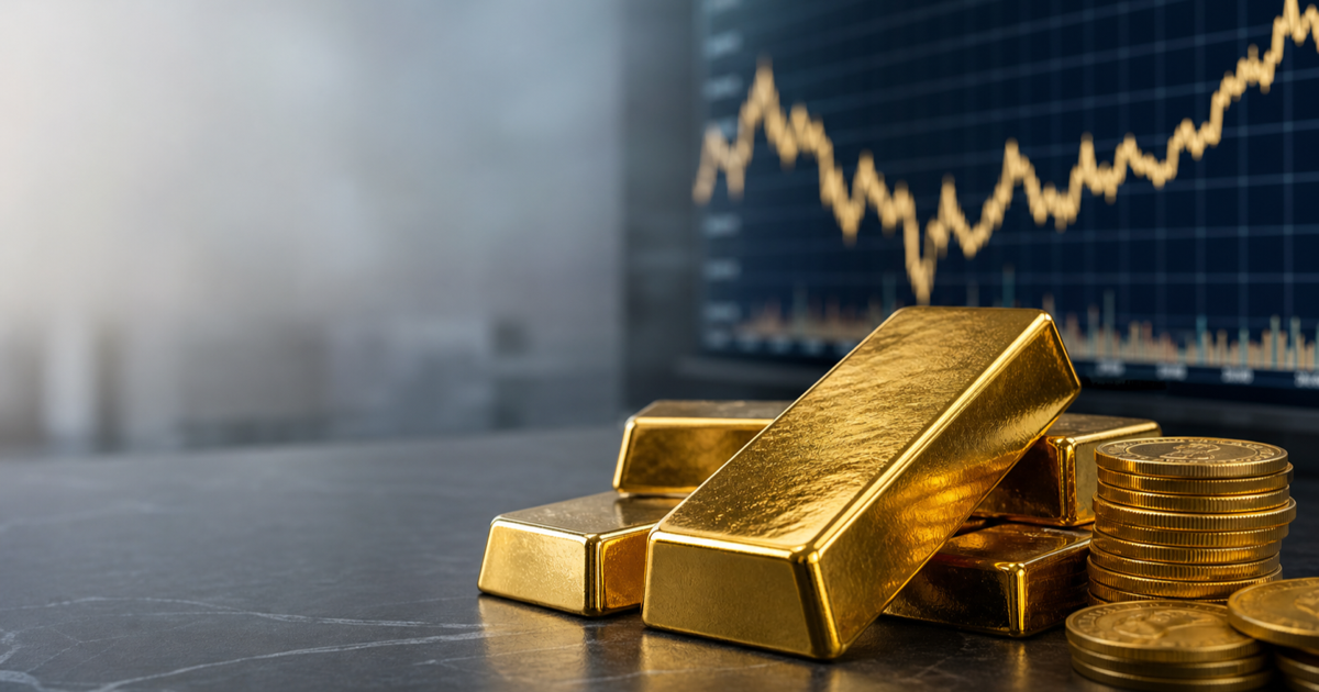 Gold bars and coins beside a market chart, representing gold's rebound above $4,300 as Fed rate-hike pressure returns.