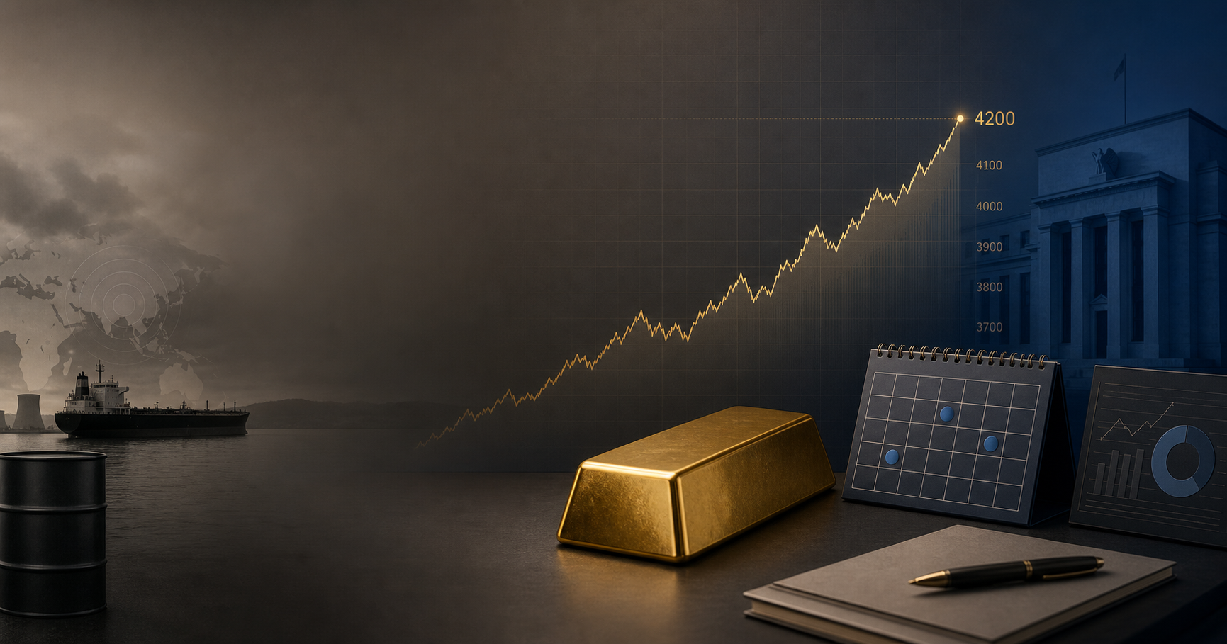 Gold bars beside a market chart rising toward 4200, balanced by oil-risk and Federal Reserve inflation signals.