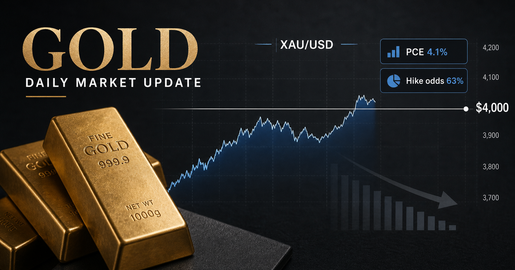 Gold bars beside an XAU/USD chart crossing above the $4,000 level, with PCE and Fed rate-odds labels.