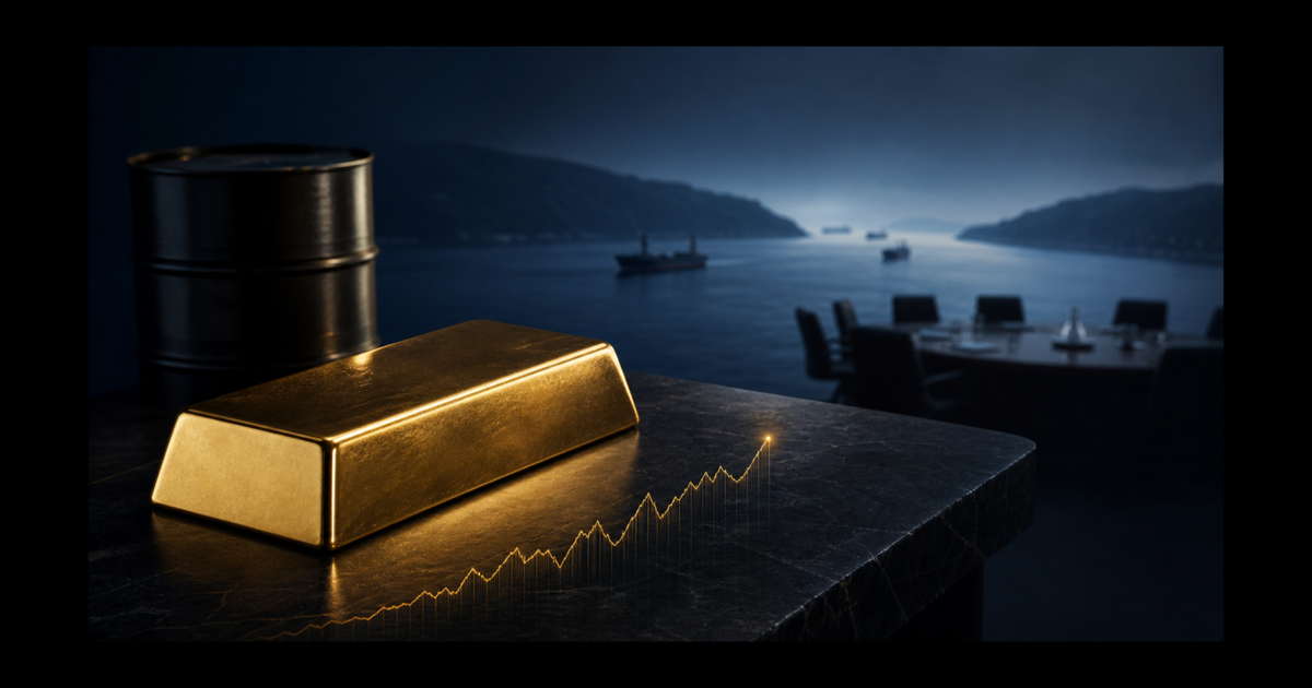 A gold bar and rising gold chart before a cool-toned oil barrel, maritime strait, and subtle diplomatic table.